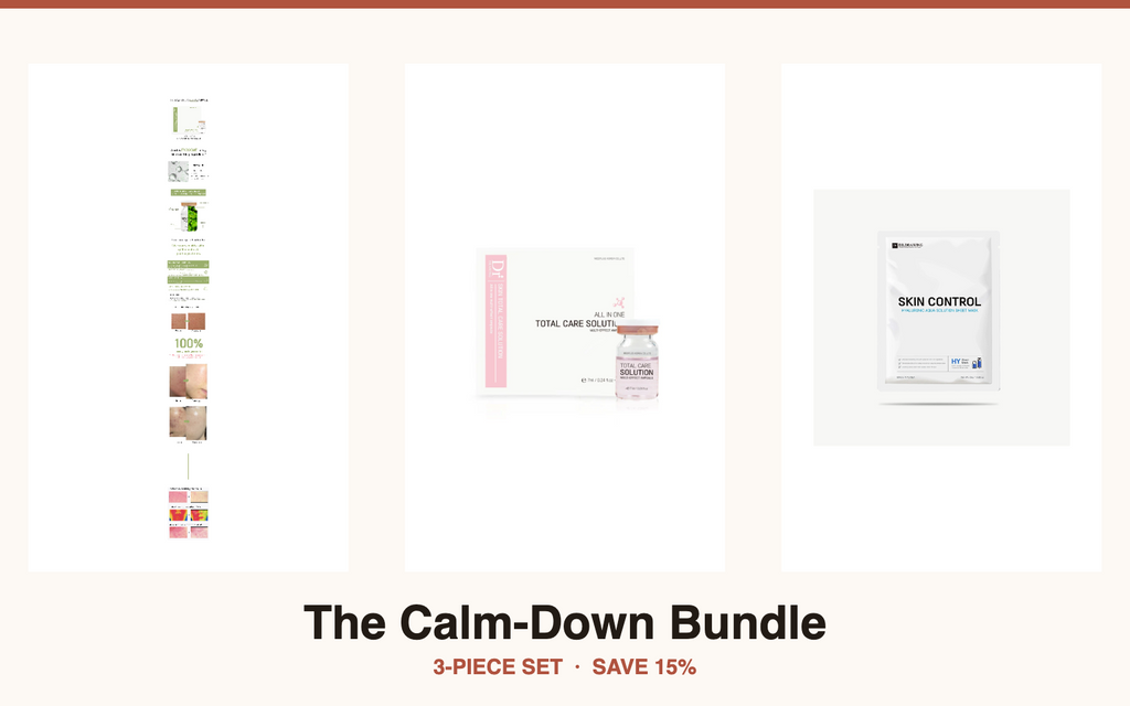 Calm-down bundle for sensitive skin—three skincare product boxes, assorted packaging.