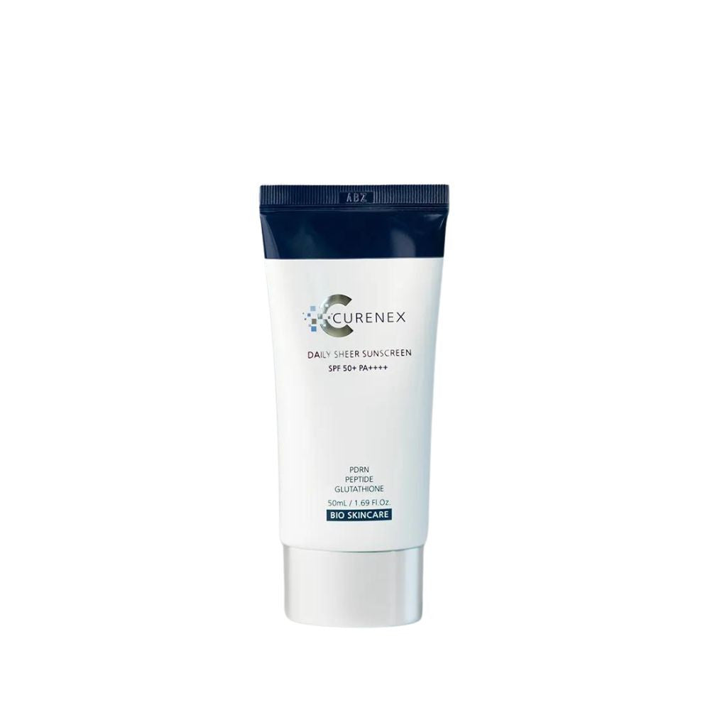 Curenex daily sheer sunscreen tube with blue cap, SPF 50+ PA++++