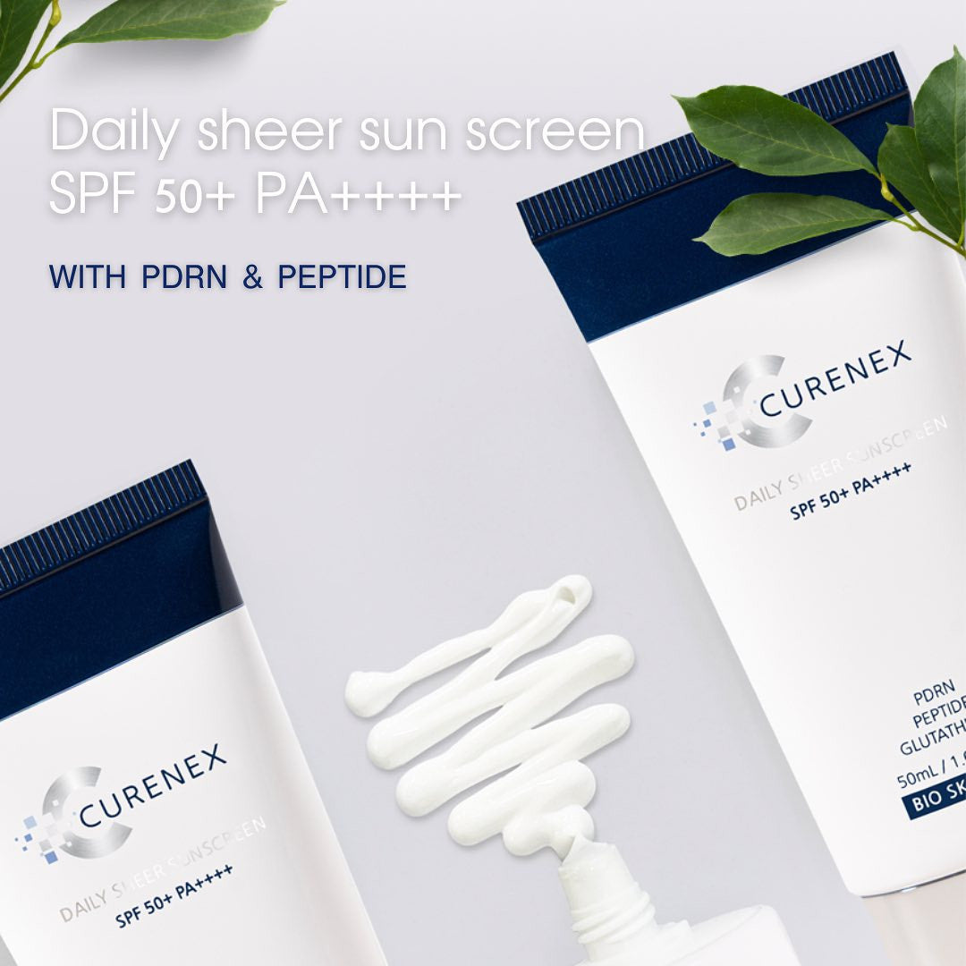 Curenex SPF daily sheer sunscreen tubes with blue caps and white gloves applying