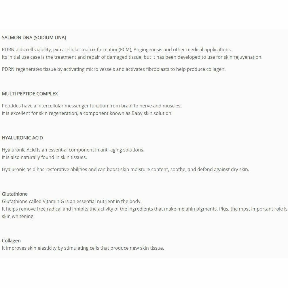Curenex Salmon DNA mask ingredient list on white page text for PD RN, peptides, and collagen