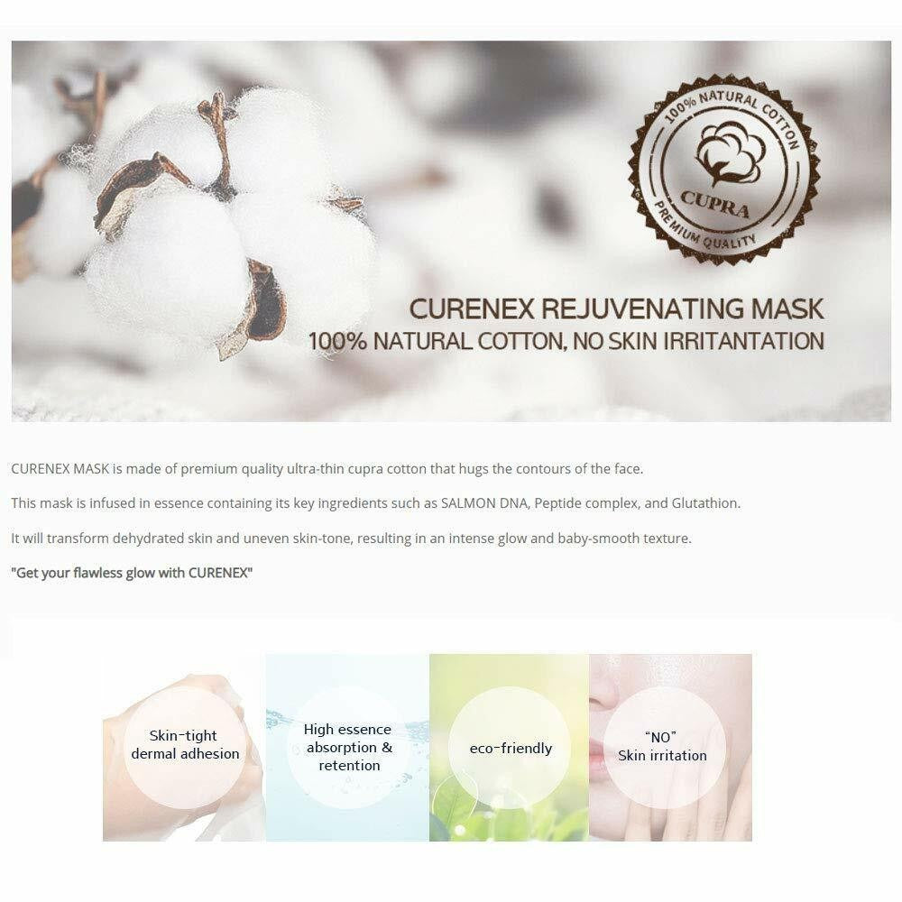 Curenex rejuvenating mask product information banner with cotton flower graphic and badges