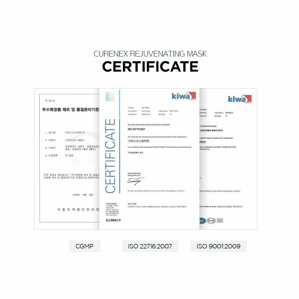Curenex rejuvenating mask certification document with multiple ISO and Kiwa logos