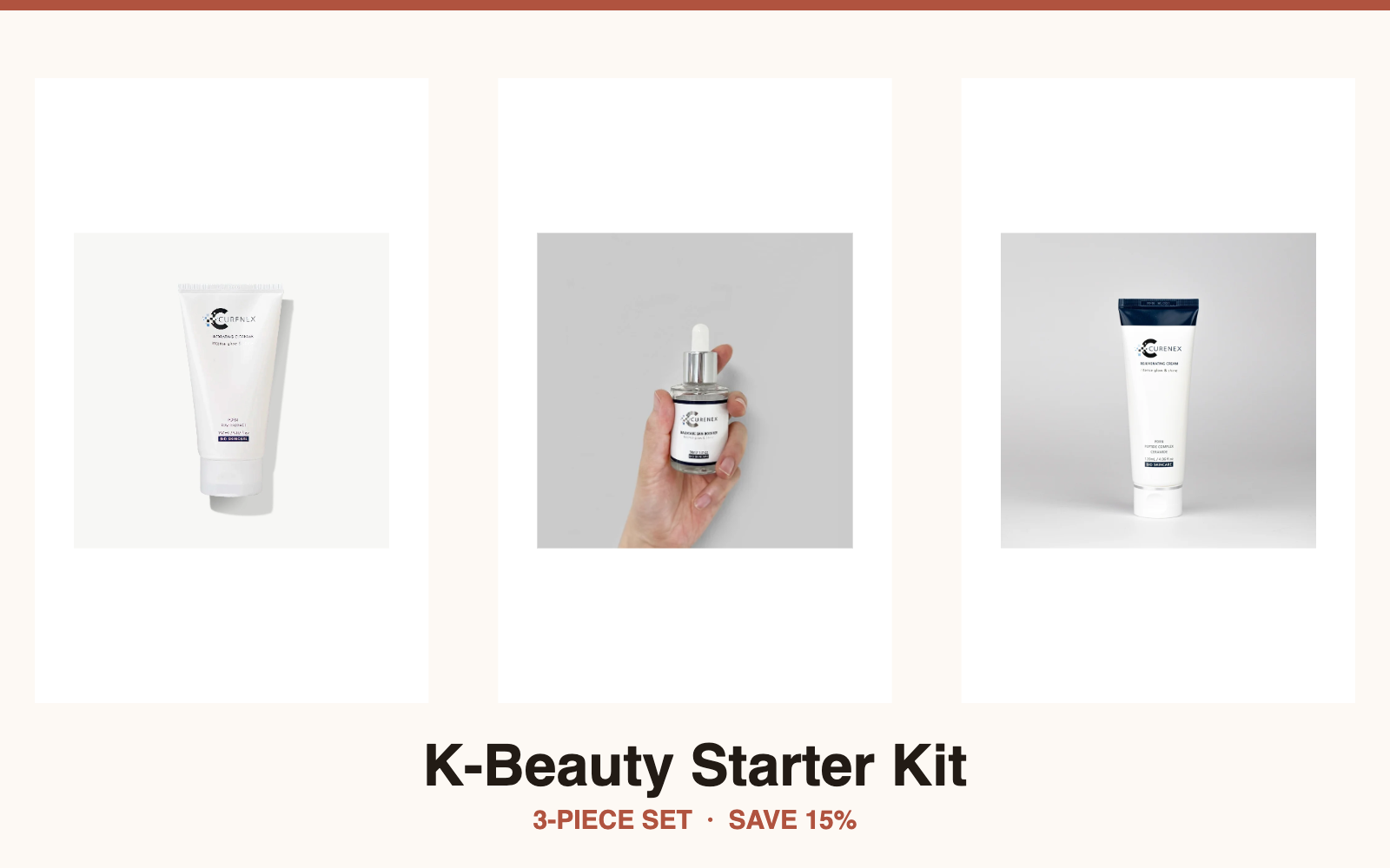 K-Beauty 3-piece skincare starter kit with cleanser tube and serum dropper bottle