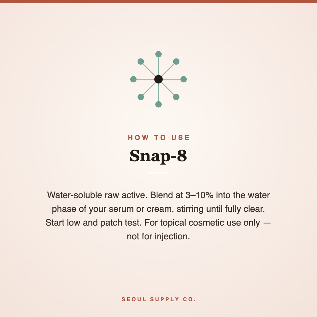 Snap-8 Acetyl Octapeptide-3 usage instructions card, water-soluble blend