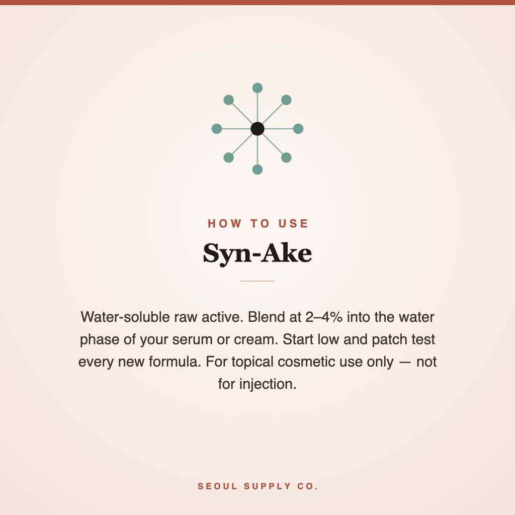 Syn-Ake peptide powder label with how-to-use directions and molecular icon