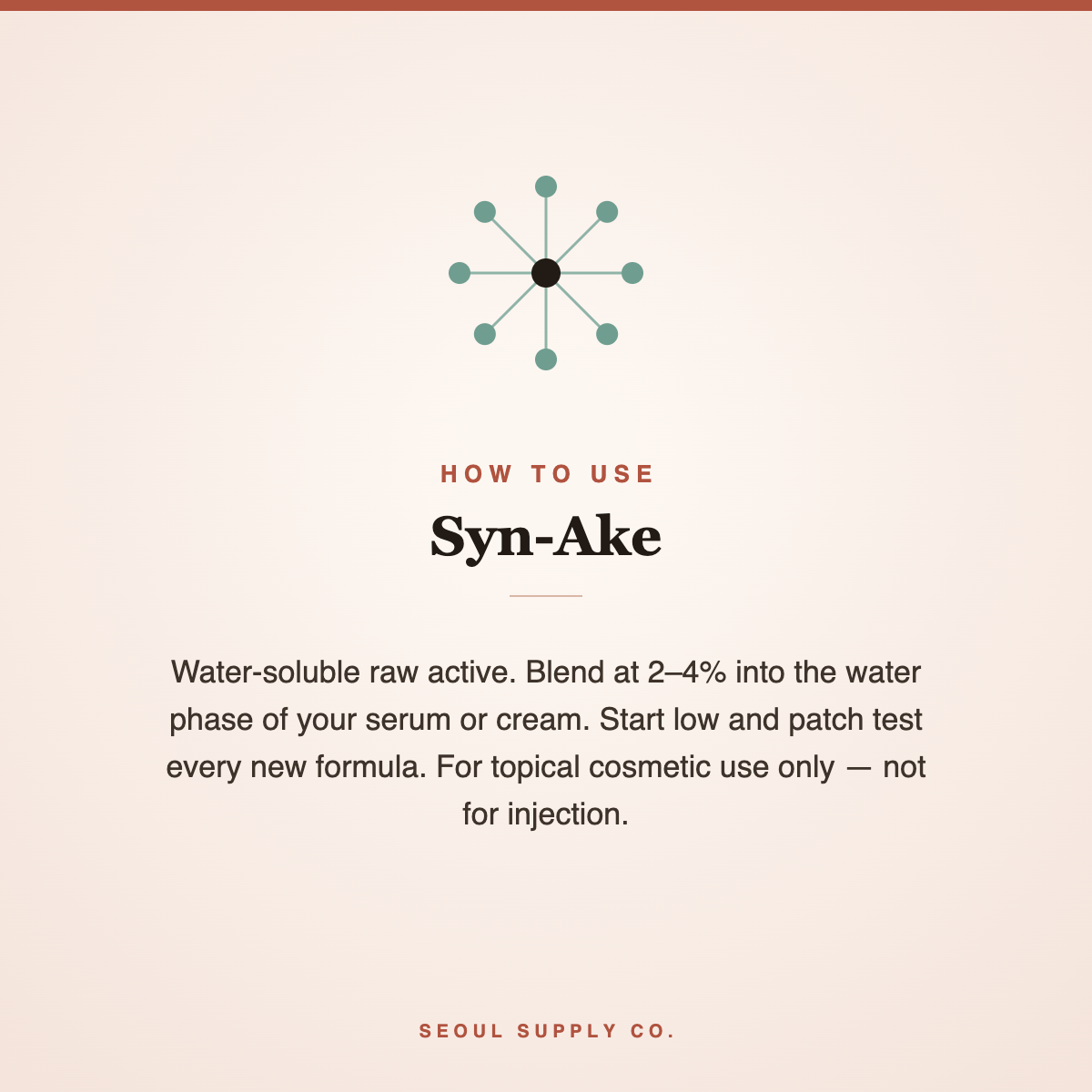 Syn-Ake peptide powder label with how-to-use directions and molecular icon