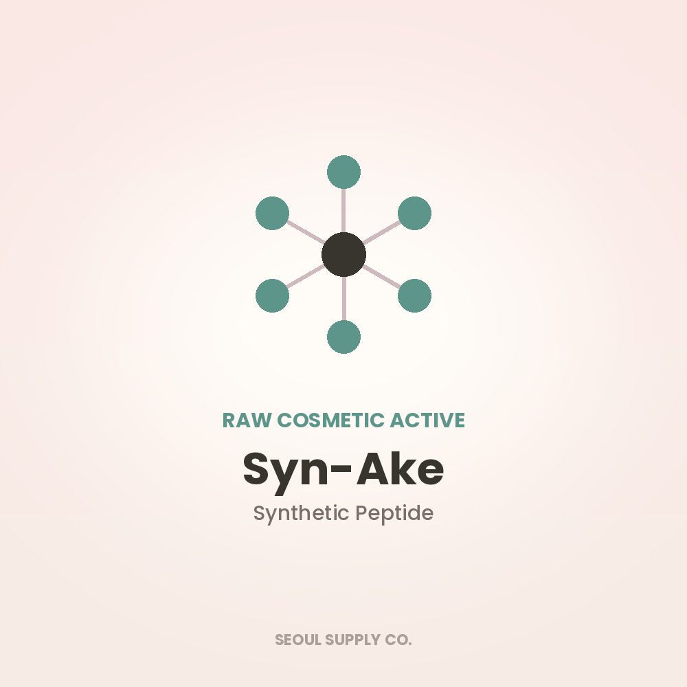 Syn-Ake peptide powder front label with molecular icon and brand text