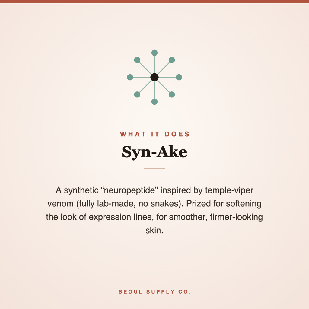 Syn-Ake peptide powder label describing benefits with molecular icon