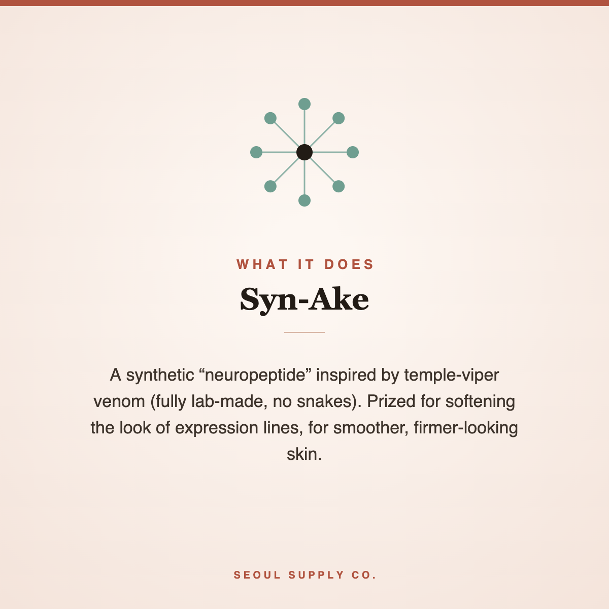 Syn-Ake peptide powder label describing benefits with molecular icon